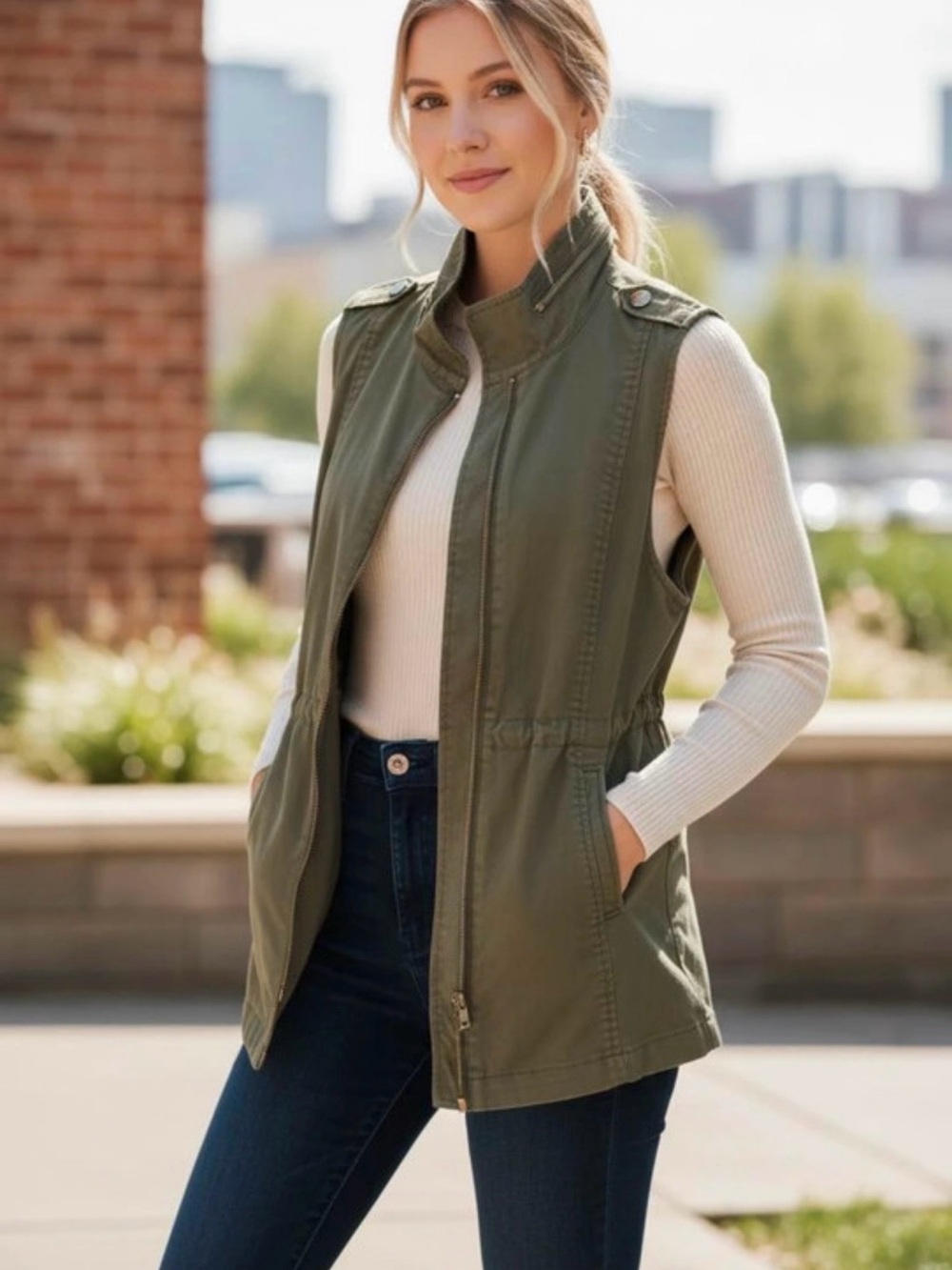 CAbi Olive Utility Vest with Stand Collar and Zip Front